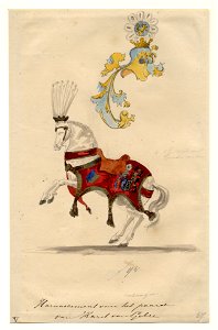 HUA-32772-Afbeelding van een ontwerp van de sjabrak van het paard van hertog Karel van Gelre figurant in de maskerade van de studenten van de Utrechtse hogescho