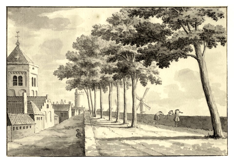 HUA-35008-Gezicht op de stadswal van Utrecht tussen de Catharijnepoort en de Tolsteegpoort uit het noorden met links een gefantaseerde toren vergelijkbaar met d