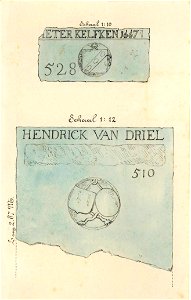 HUA-31189-Afbeelding van twee grafstenen in de Jacobikerk te Utrecht één met de naam Pieter Kelfken en het jaartal 1667 nr 528 en één met de naam Hendrick van D
