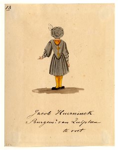HUA-32709-Afbeelding van een kostuumontwerp van de burgemeester van Zutphen Jacob Huerninck figurant in de maskerade van de studenten van de Utrechtse hogeschoo
