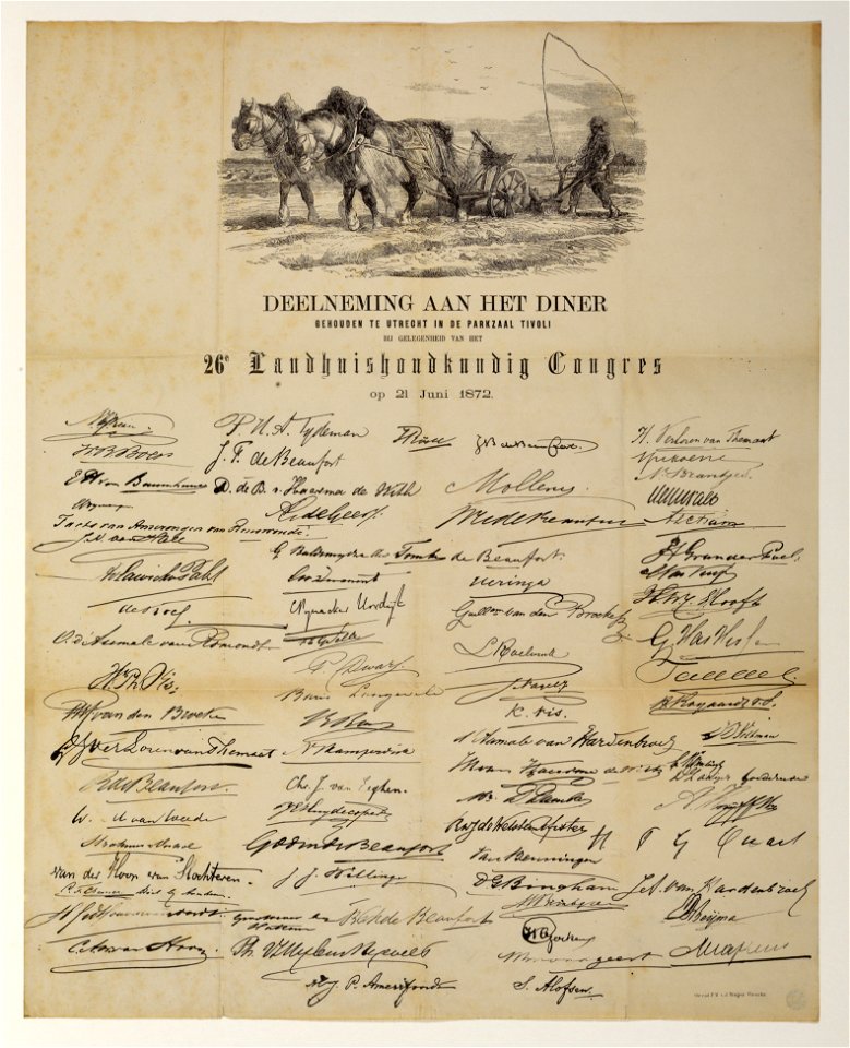 HUA-32778-Blad met handtekeningen van de deelnemers aan het diner ter gelegenheid van het 26e Landhuishoudkundig congres in de parkzaal van Tivoli te Utrecht