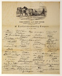 HUA-32778-Blad met handtekeningen van de deelnemers aan het diner ter gelegenheid van het 26e Landhuishoudkundig congres in de parkzaal van Tivoli te Utrecht