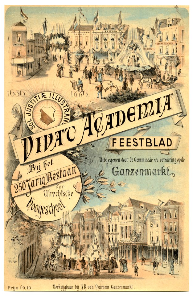 HUA-32830-Twee gezichten op de versierde Ganzenmarkt te Utrecht Titelpagina van het programmablad van de festiviteiten van het 250 jarig bestaan van de hogescho