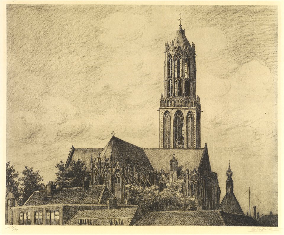 HUA-31028-Gezicht op de Domkerk en de Domtoren te Utrecht uit het noordoosten met rechts het torentje van het pand Voetiusstraat 2