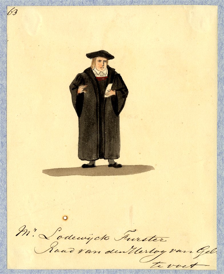 HUA-32741-Afbeelding van een kostuumontwerp van mr Lodewijk Furster raad van de hertog van Gelre figurant in de maskerade van de studenten van de Utrechtse hoge