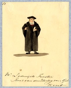 HUA-32741-Afbeelding van een kostuumontwerp van mr Lodewijk Furster raad van de hertog van Gelre figurant in de maskerade van de studenten van de Utrechtse hoge