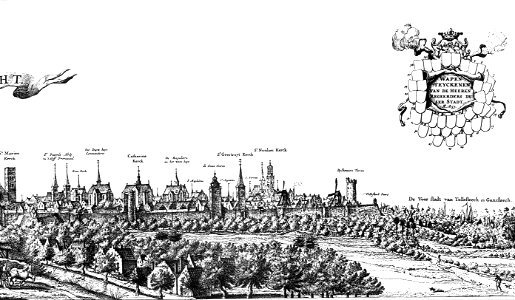 HUA-30778-Profiel van de stad Utrecht uit het westen gezien van de Mariakerk tot en met Tolsteeg Met rechtsboven een cartouche met niet ingevulde genummerde wap