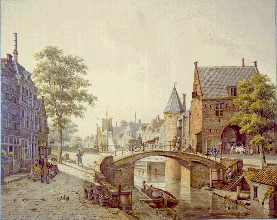 HUA-30895-Gezicht op de Oudegracht te Utrecht met de Zandbrug en de Weerdpoort aan de stadszijde uit het zuiden met links de voorgevels van de huizen aan de wes