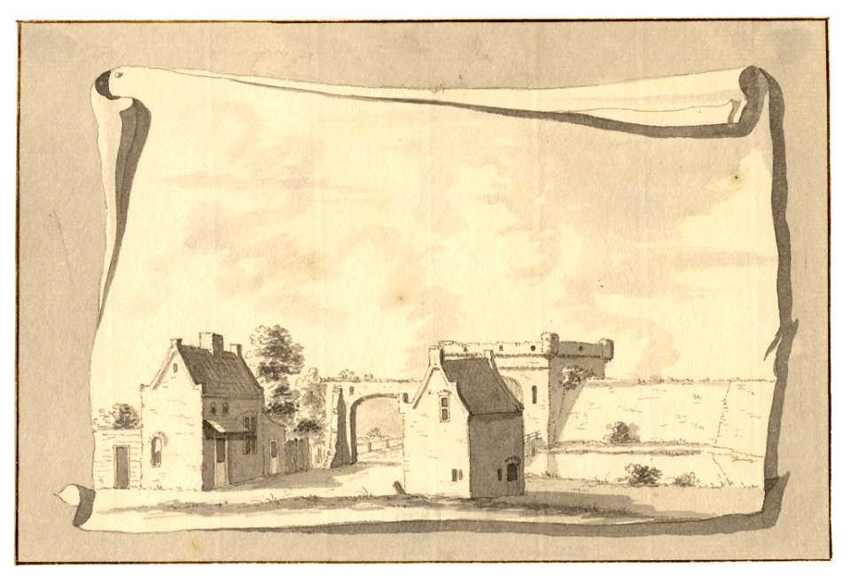 HUA-35020-Gezicht op de Catharijnepoort te Utrecht uit het zuidwesten met rechts daarvan een van de torens van kasteel Vredenburg