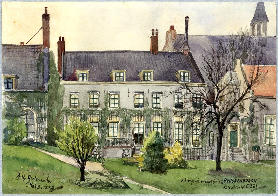 HUA-30714-Gezicht op de achtergevel van het huis Beukenburg Kromme Nieuwegracht F 381 te Utrecht vanuit de tuin uit het zuidoosten met rechts op de achtergrond 