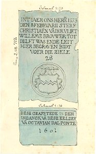 HUA-31177-Afbeelding van twee grafstenen in de Jacobikerk te Utrecht met de namen Christiaen van der Vliet nr 28 en Octavian dal Ponte nr 1601 