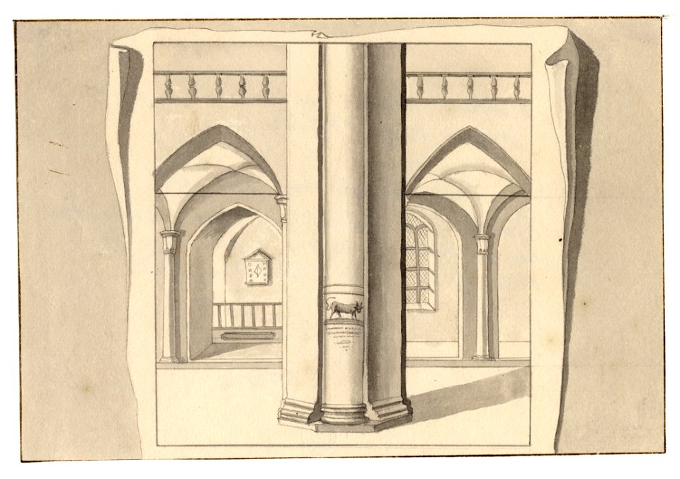 HUA-35041-Interieur van de Mariakerk te Utrecht de zuil met de afbeelding van de stier