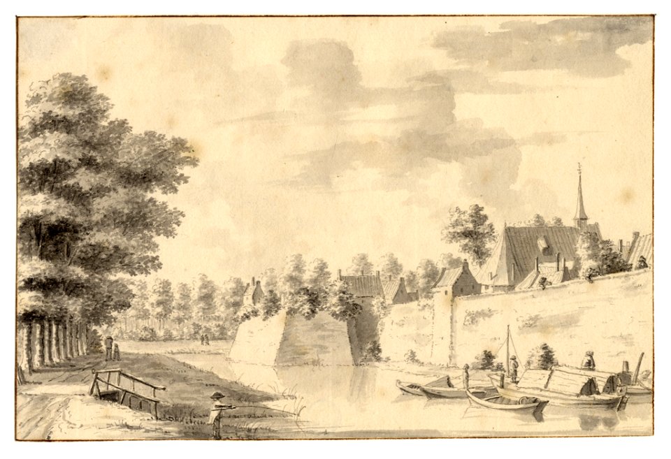 HUA-35011-Gezicht op de stadswal van Utrecht over de stadsbuitengracht uit het noorden met links het bolwerk Zonnenburg rechts de kapel van de St Servaasabdij