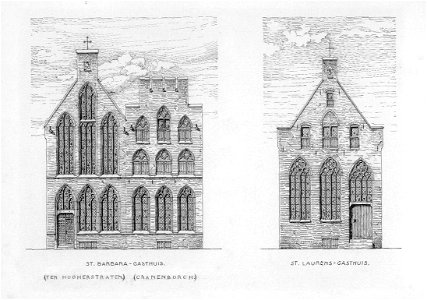HUA-31562-Links afbeelding van de voorgevels van de huizen Ter Hogerstraten en Kranenburg samen het St Barbaragasthuis aan de Oudegracht bij de Stadhuisbrug te 