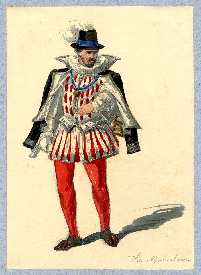HUA-32797-Afbeelding van een kostuumontwerp van de heer van Griboval figurant in de maskerade van de studenten van de Utrechtse hogeschool ter gelegenheid van h