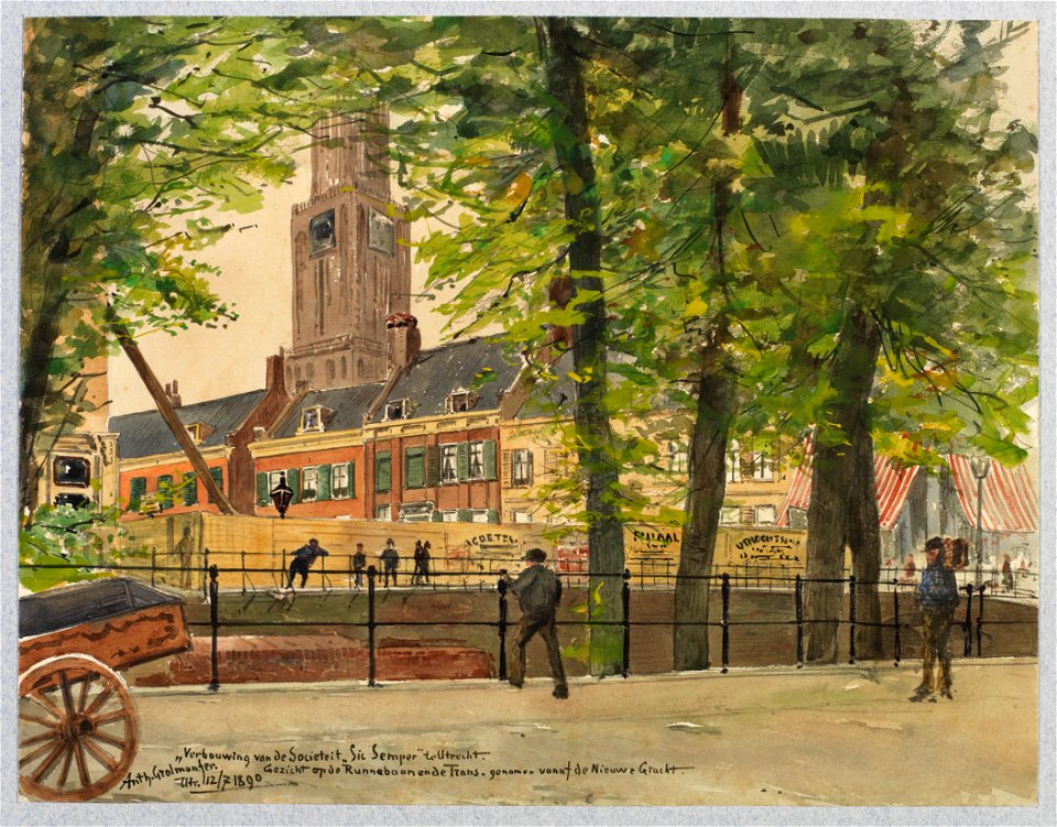 HUA-30736-Gezicht vanuit de Nieuwegracht te Utrecht over het water op de voorgevels van de huizen aan de noordzijde van de Trans boven de schutting rond het bou