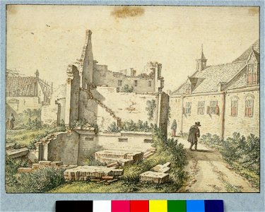 HUA-30260-Gezicht in de Gasthuissteeg te Utrecht na de tornado van 1674 met in het midden een geruïneerd huis en rechts het Heilige KruisgasthuisNB De straatnaa