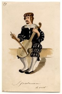 HUA-32753-Afbeelding van een kostuumontwerp van een muzikant figurant in de maskerade van de studenten van de Utrechtse hogeschool ter gelegenheid van het 47ste