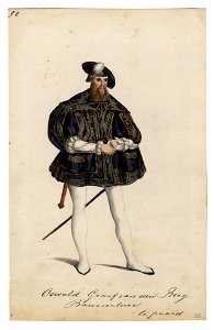 HUA-32733-Afbeelding van een kostuumontwerp van Oswald graaf van Bergh figurant in de maskerade van de studenten van de Utrechtse hogeschool ter gelegenheid van
