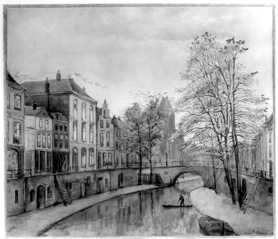 HUA-30390-Gezicht op de Oudegracht Weerdzijde te Utrecht vanaf de Bakkerbrug naar het noorden met de Jansbrug en de gevels van de huizen aan de westzijde van de