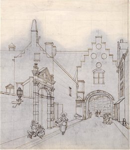 HUA-31268-Gezicht op de noordgevel van de poort van de voormalige St Paulusabdij Pauluspoort gezien vanaf de Korte Nieuwstraat te Utrecht met de toegangspoort e