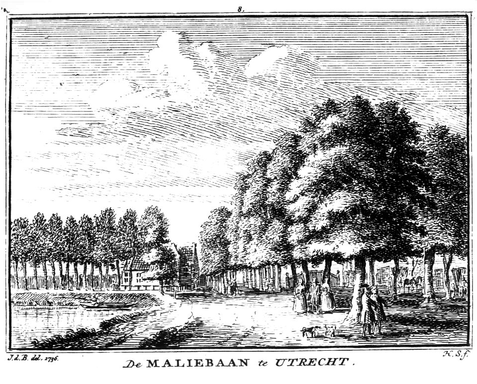 HUA-35563-Gezicht op het begin van de Maliebaan te Utrecht vanaf de Maliesingel met links de bocht in de stadsbuitengracht rond het Lepelenburg en het Maliehuis