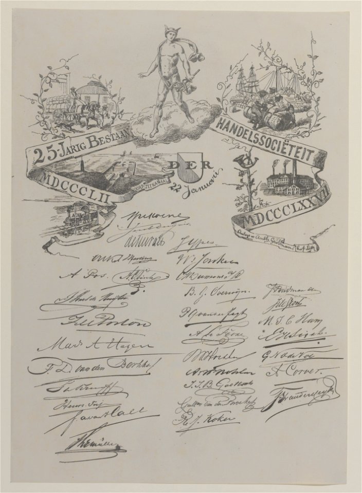 HUA-32784-Blad met handtekeningen van de deelnemers aan het diner ter gelegenheid van het 25 jarig bestaan van de Handelssociëteit te Utrecht