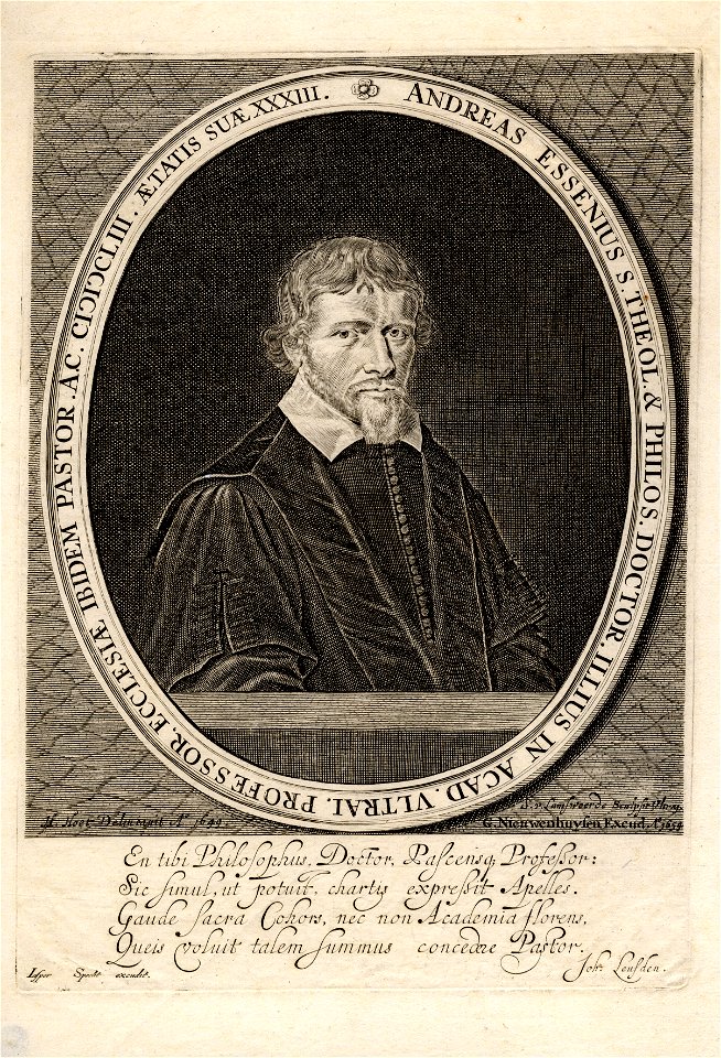 HUA-31869-Portret van Andries Essenius geboren 1620 hoogleraar in de theologie aan de Utrechtse hogeschool 1653 1677 overleden 1677 Te halve lijve rechts in tog