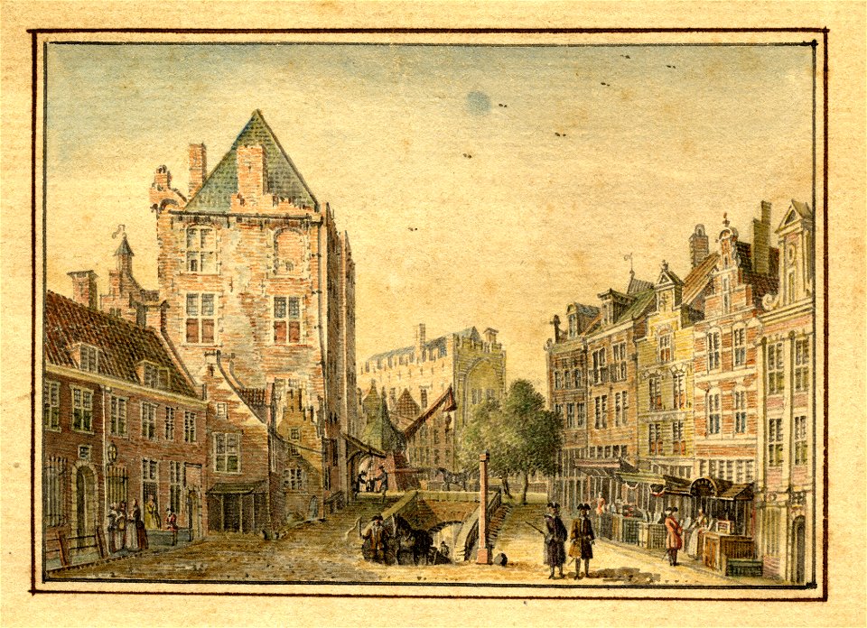 HUA-35331-Gezicht vanaf de Ganzenmarkt te Utrecht in de richting van de Oudegracht met in het midden het wed naar de werf links het huis Keyserrijk en op de ach