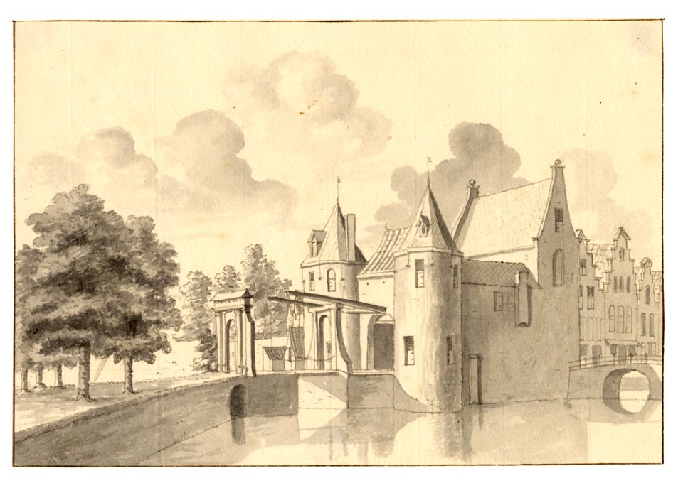 HUA-35019-Gezicht op de Weerdpoort te Utrecht uit het noordwesten met rechts een gedeelte van de Zandbrug over de Oudegracht