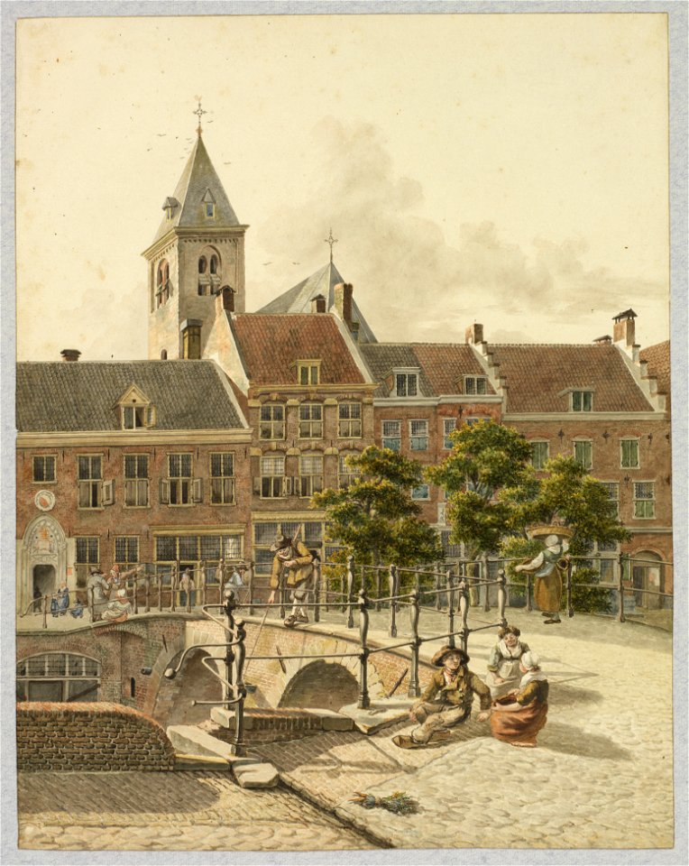 HUA-30460-Gezicht vanaf de oostzijde van de Oudegracht te Utrecht over de Weesbrug op de voorgevels van de huizen aan de westzijde van de gracht met het Gerefor