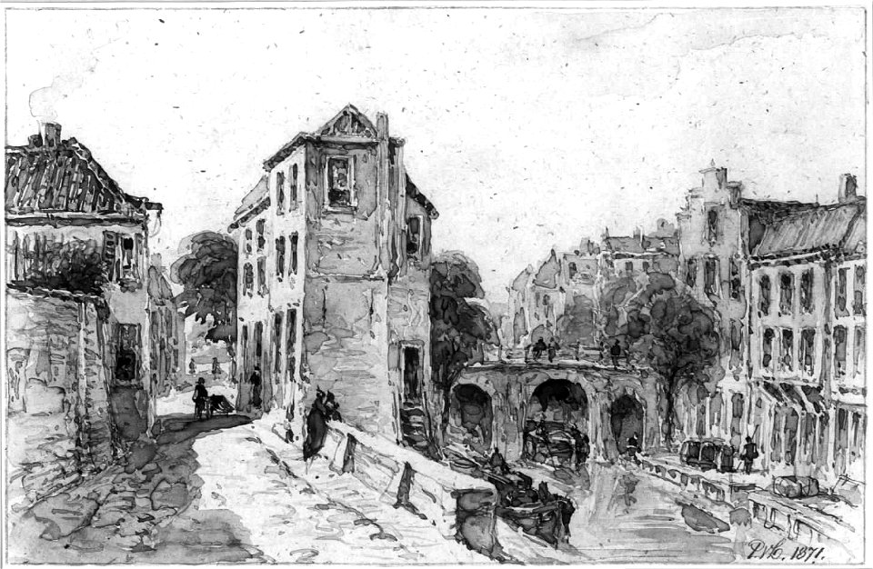 HUA-35286-Gezicht op de Oudegracht te Utrecht uit het noorden met de Gaardbrug en rechts de achterzijde van de huizen aan de Lijnmarkt en links een gezicht in d