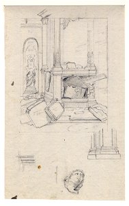 HUA-32447-Afbeelding van de vernielde graftombe van de gravin van Solms in de kapel van Zoudenbalch in de Domkerk te Utrecht van opzij gezien