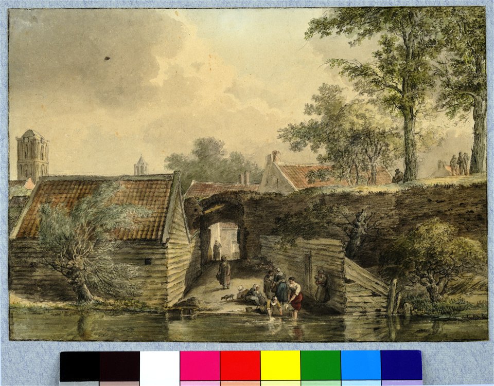 HUA-36277-Gezicht over de stadsbuitengracht op de stadswal te Utrecht met een doorgang in de muur ter hoogte van het Zand met links op de achtergrond de toren v