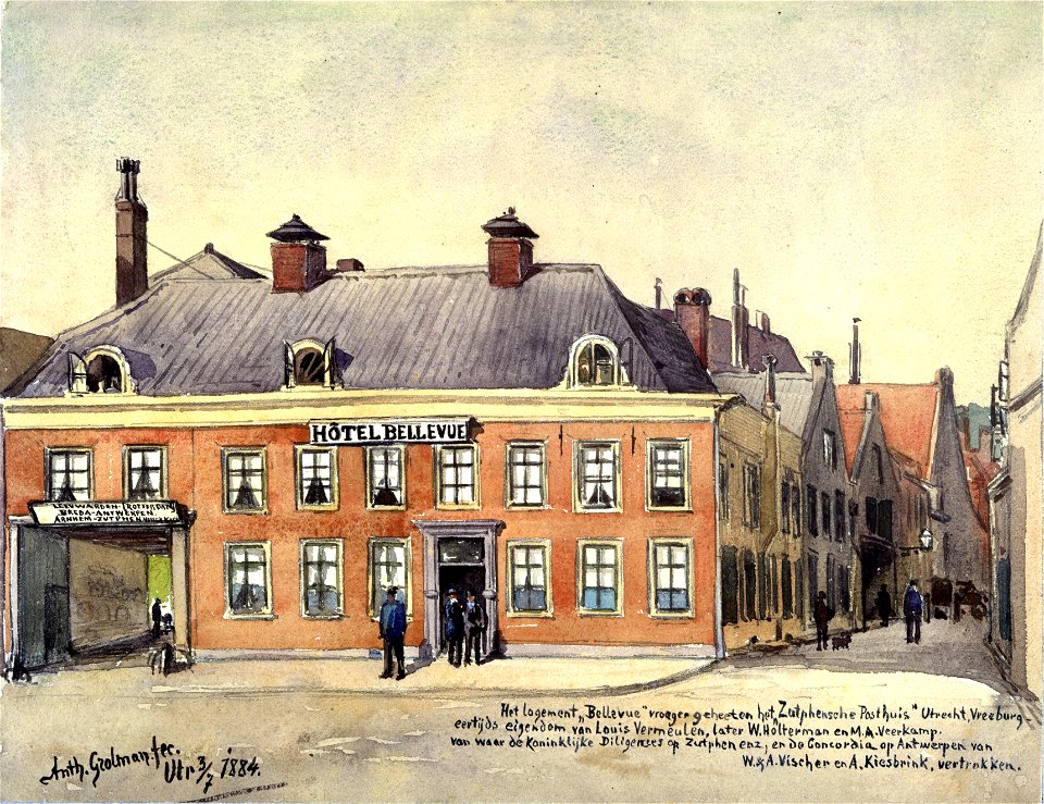 HUA-31706-Gezicht op de voorgevel van het hotel Bellevue Vredenburg 4 te Utrecht met rechts de Drieharingstraat