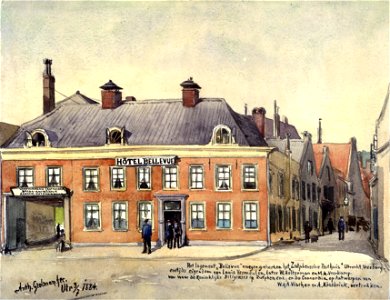 HUA-31706-Gezicht op de voorgevel van het hotel Bellevue Vredenburg 4 te Utrecht met rechts de Drieharingstraat