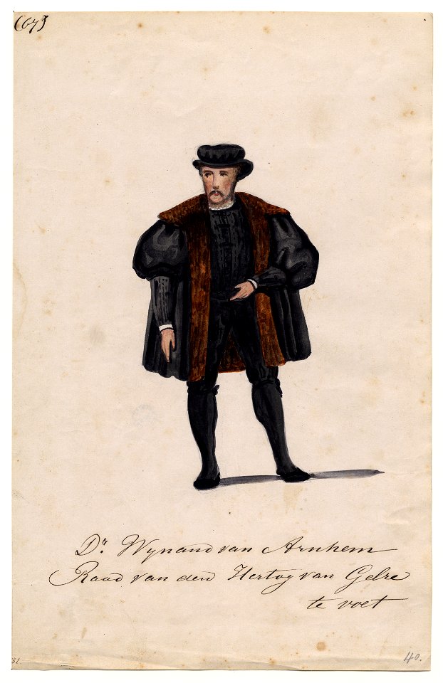 HUA-32745-Afbeelding van een kostuumontwerp van dr Wynand van Arnhem raad van de hertog van Gelre figurant in de maskerade van de studenten van de Utrechtse hog