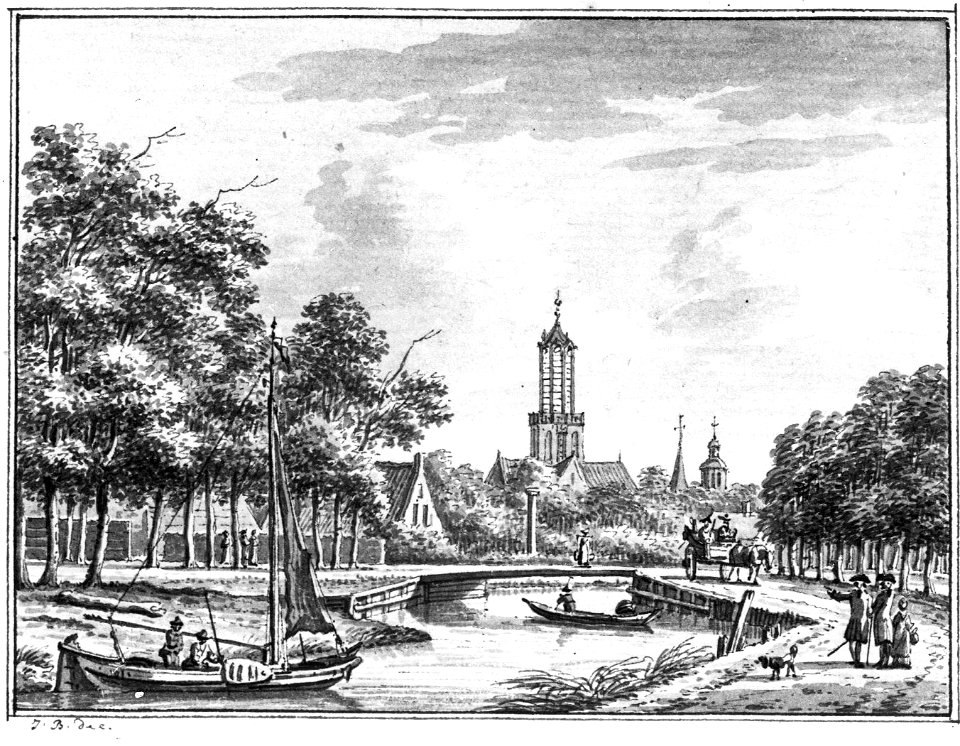 HUA-35193-Gezicht op de Biltsche Grift en de Biltstraat te Utrecht uit het oosten met op de achtergrond de Domtoren en rechts daarvan de torenspits van de kapel