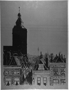 HUA-31166-Gezicht op een gedeelte van de stad Utrecht vanaf de Steenweg door de Buurkerksteeg met de toren van de Buurkerk uit het noorden