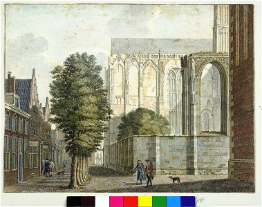 HUA-31619-Gezicht op het Domkerkhof te Utrecht met de Domkerk en rechts vooraan een gedeelte van de Domtoren en links de voorgevels van de huizen aan de noordzi