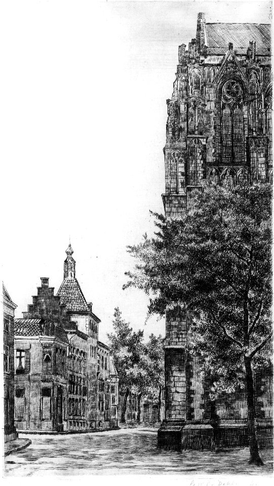 HUA-36063-Gezicht in de Voetiusstraat te Utrecht vanaf het Domplein uit het zuidwesten met rechts een gedeelte van het noordertransept van de Domkerk en links d