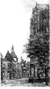 HUA-36063-Gezicht in de Voetiusstraat te Utrecht vanaf het Domplein uit het zuidwesten met rechts een gedeelte van het noordertransept van de Domkerk en links d
