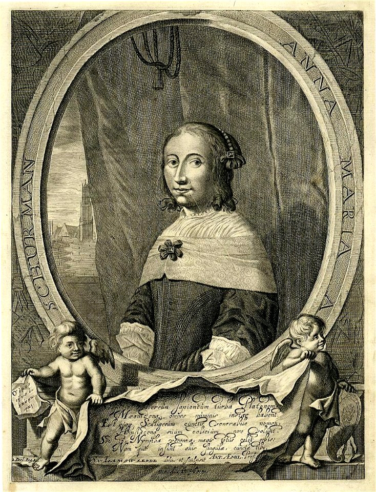 HUA-32073-Portret van Anna Maria van Schurman geboren Keulen 5 november 1607 schrijfster en dichteres te Utrecht overleden Wiewerd 5 mei 1678 Te halve lijve rec