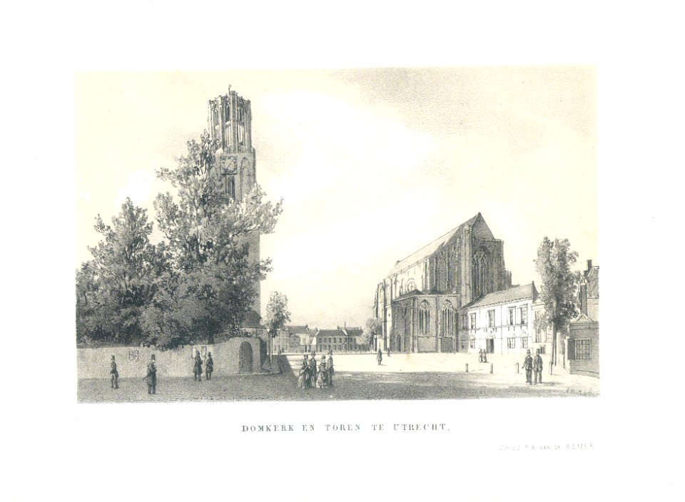 HUA-35277-Gezicht op het Munsterkerkhof te Utrecht uit het zuidwesten vanaf het Wed met de Domtoren en kerk met daarnaast het LeesmuseumNB In 1912 is de straatn
