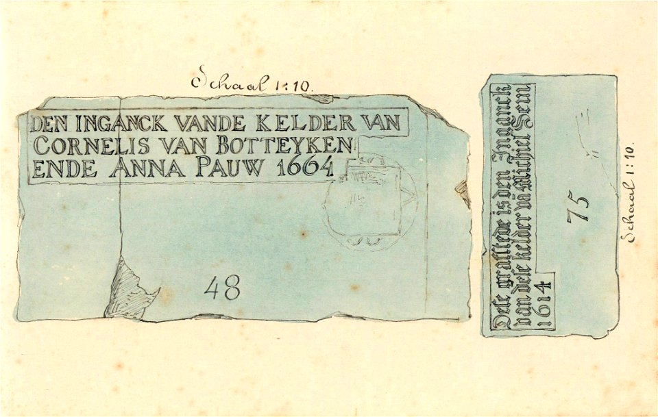 HUA-31190-Afbeelding van twee grafstenen in de Jacobikerk te Utrecht één met de namen Cornelis van Botteyken en Anna Pauw en het jaartal 1664 nr 48 en één met d