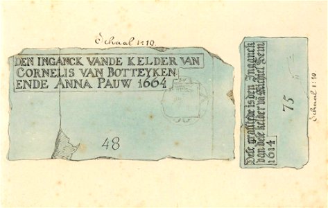 HUA-31190-Afbeelding van twee grafstenen in de Jacobikerk te Utrecht één met de namen Cornelis van Botteyken en Anna Pauw en het jaartal 1664 nr 48 en één met d