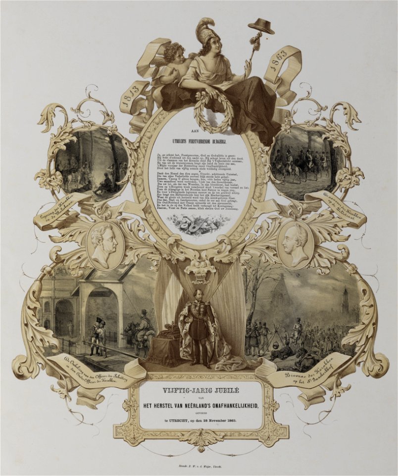 HUA-32698-Herdenkingsprent ter gelegenheid van de 50 jarige herdenking van het herstel van de Nederlandse onafhankelijkheid na het vertrek van de Fransen op 28 