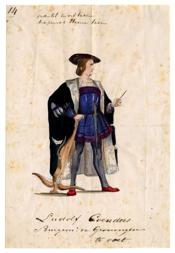 HUA-32710-Afbeelding van een kostuumontwerp van de burgemeester van Groningen Ludolf Coenders figurant in de maskerade van de studenten van de Utrechtse hogesch