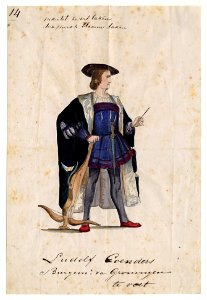 HUA-32710-Afbeelding van een kostuumontwerp van de burgemeester van Groningen Ludolf Coenders figurant in de maskerade van de studenten van de Utrechtse hogesch