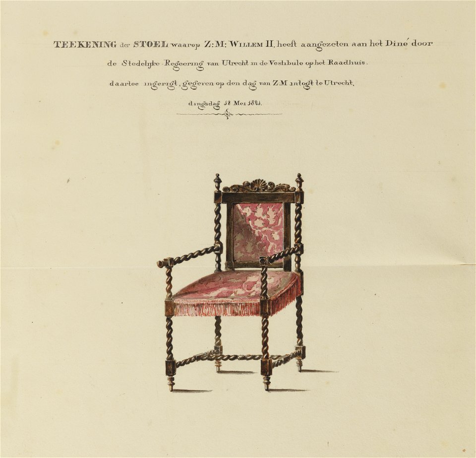 HUA-32557-Afbeelding van een stoel voor koning Willem II voor het diner aan hem aangeboden tijdens zijn bezoek aan Utrecht op 18 mei 1841